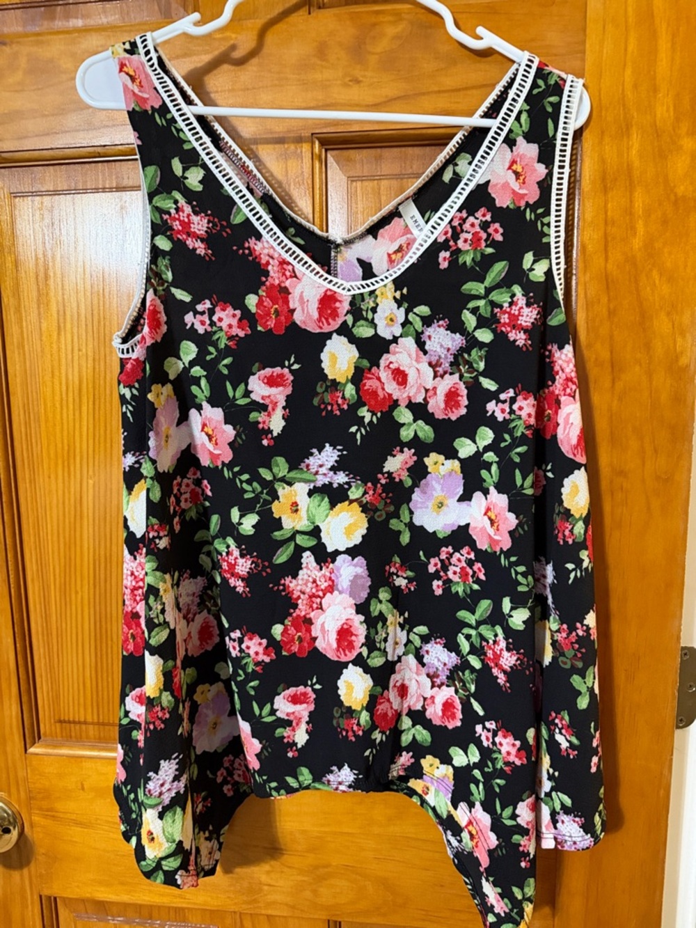 Emerald Black Floral V-Neck Tank with Pink, Red & Yellow Blooms